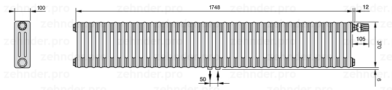 Схема (чертеж) Радиатор Zehnder Charleston 3037/38 №V008 Белый глянцевый RAL 9016